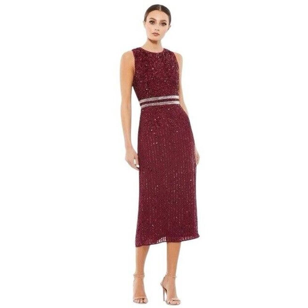 Mac Duggal 10509 Vertical Sequin Midi Sheath Dress 10 Burgundy $398